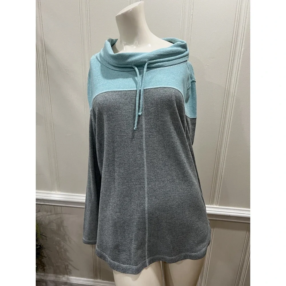 T by Talbot's Teal/Gray Colorblock Cowl Neck Pullover Tunic Top Size XL EUC